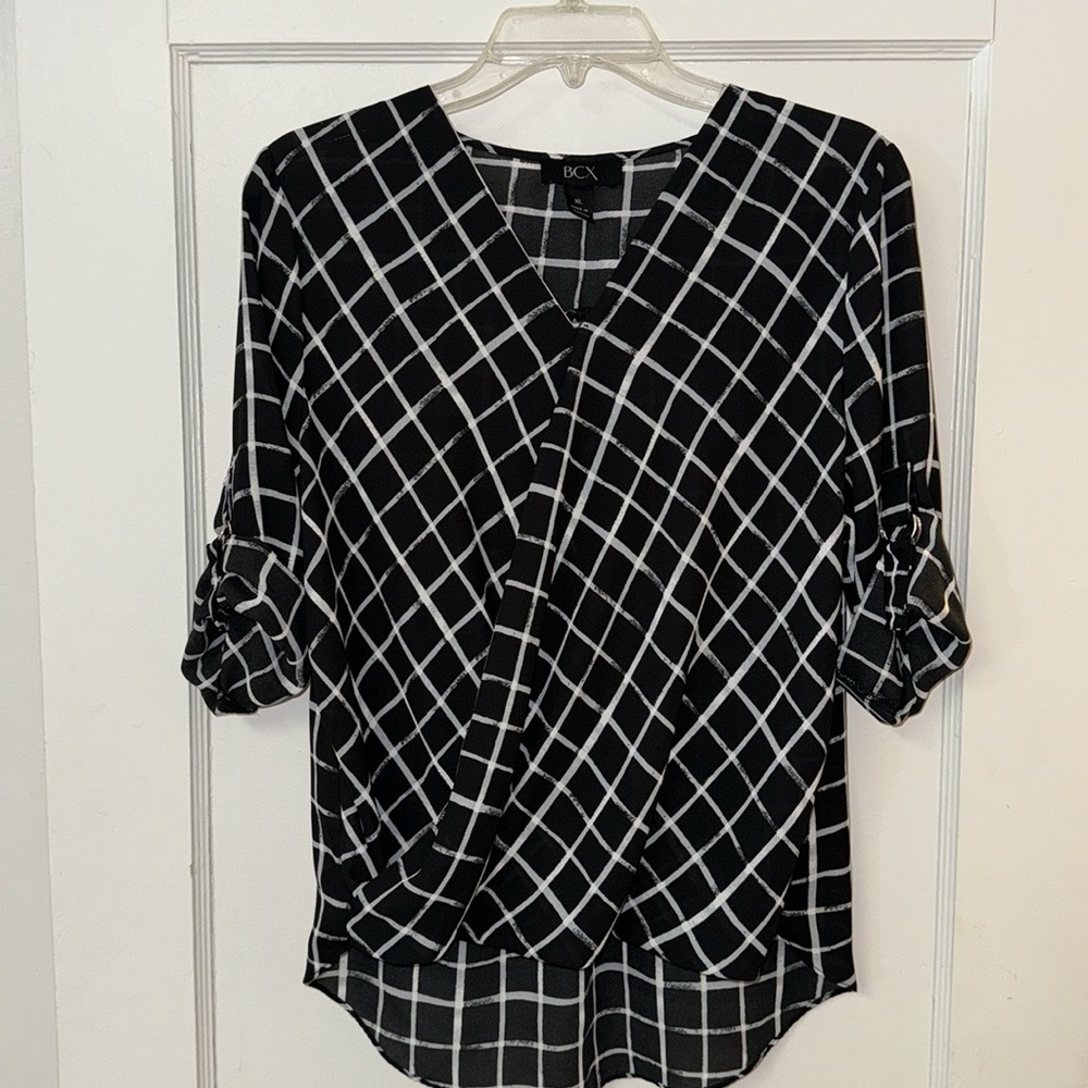 BCX Black & White Plaid Grid Roll Tab Blouse Top Size XL - Picture 4 of 14